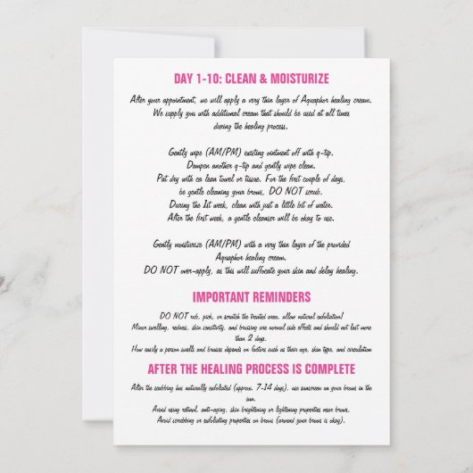 Eyebrow Microblading Aftercare Instructies Roze Kaart (Achterkant)