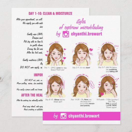 Eyebrow Microblading Aftercare Instructies Roze Kaart (Voorkant / Achterkant)