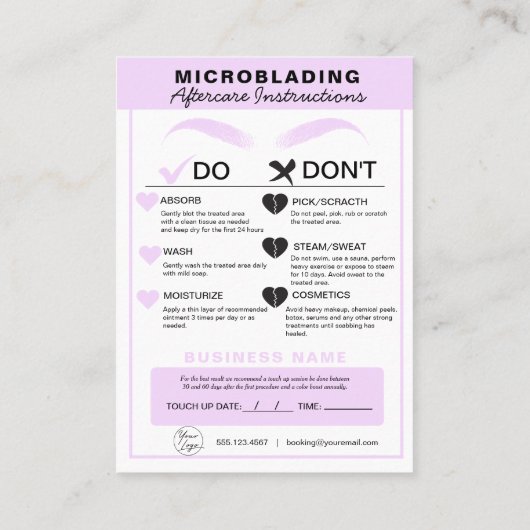Eyebrow Microblading Aftercare Instructies Visitekaartje (Achterkant)