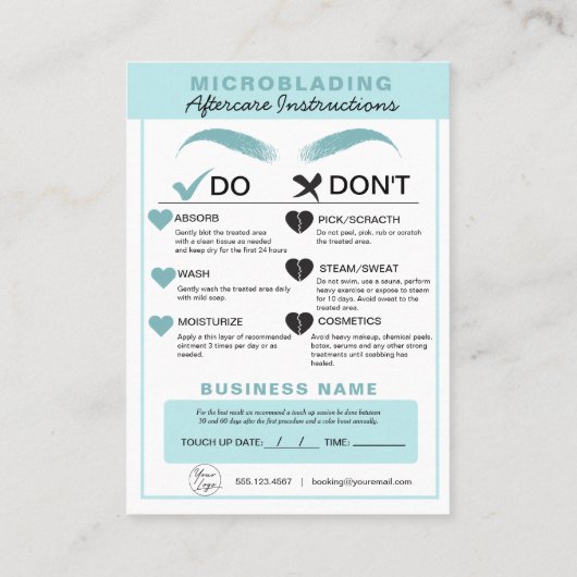 Eyebrow Microblading Aftercare Instructies Visitekaartje (Achterkant)