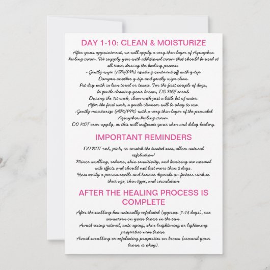 Eyebrow Microblading Aftercare Instruction Roze Kaart (Achterkant)