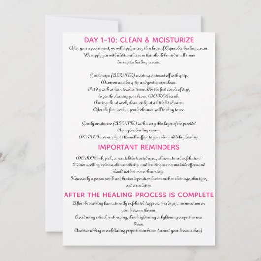 Eyebrow Microblading Aftercare Instruction Roze Kaart (Achterkant)