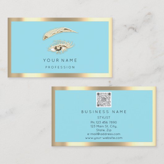 Eyelash Brow Makeup Logo Qr Code Blue Gold Lijst Visitekaartje (Voorkant / Achterkant)
