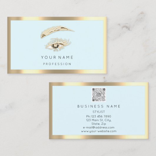 Eyelash Brow Makeup Logo Qr Code Blue Pastel Gold Visitekaartje (Voorkant / Achterkant)