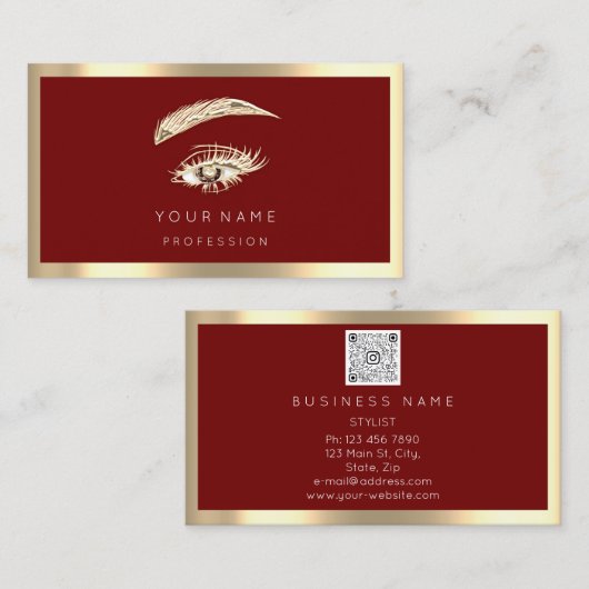 Eyelash Brow Makeup Logo Qr Code Bourgogne Visitekaartje (Voorkant / Achterkant)
