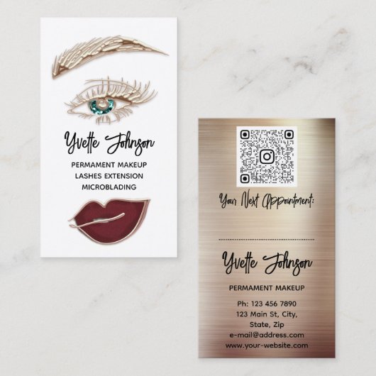 Eyelash Brow Makeup Logo QR Code Lip Roos White Visitekaartje (Voorkant / Achterkant)