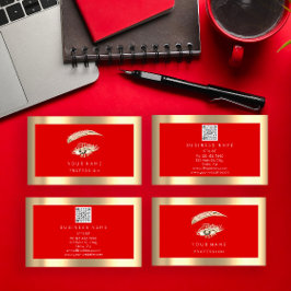 Eyelash Brow Makeup Logo Qr Code Red Gold Framed Visitekaartje