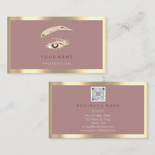 Eyelash Brow Makeup Logo Qr Code Roos Gold Lijst Visitekaartje (Voorkant / Achterkant)