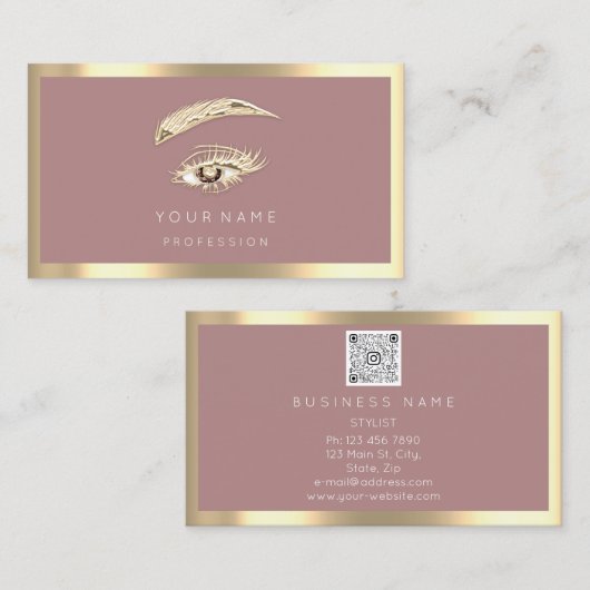 Eyelash Brow Makeup Logo Qr Code Roos Gold omgeven Visitekaartje (Voorkant / Achterkant)
