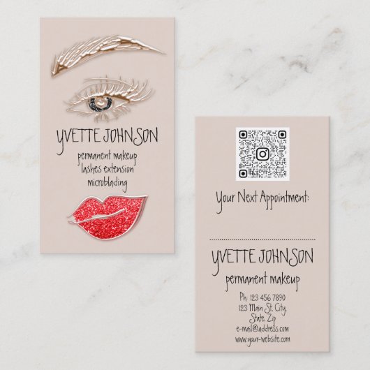 Eyelash Brow Makeup Logo QRCode Lips Roos Rood Visitekaartje (Voorkant / Achterkant)
