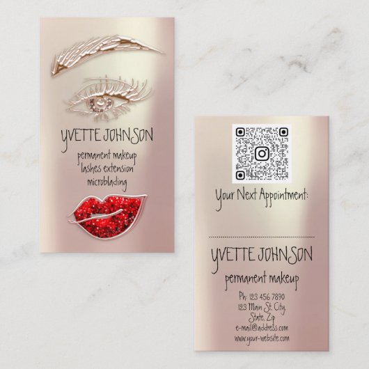 Eyelash Brow Makeup Logo QRCode Roos Gold Lip Visitekaartje (Voorkant / Achterkant)