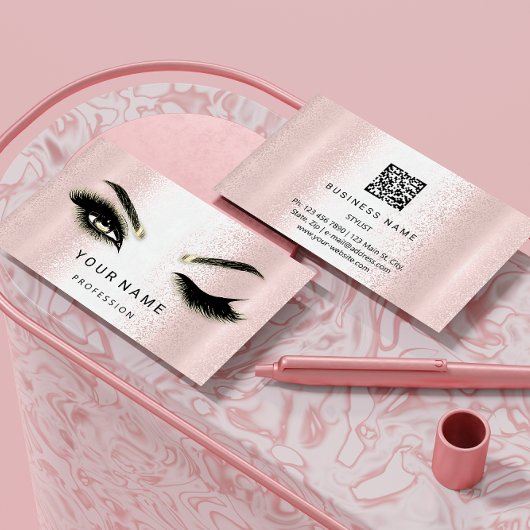 Eyelash Brow Microblade. QR CODE Logo Roze poeder Visitekaartje