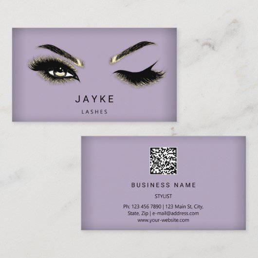 Eyelash Brow Microblade QR Logo Paars Gold Visitekaartje (Voorkant / Achterkant)
