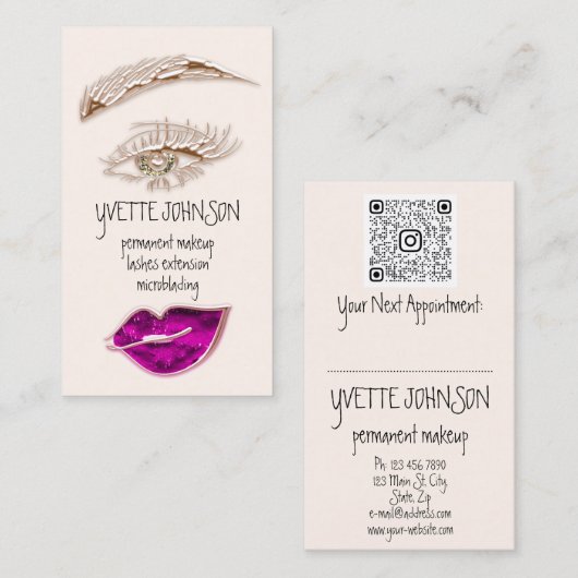Eyelash Brows Makeup Logo QRCode Pink Lip Gold Visitekaartje (Voorkant / Achterkant)