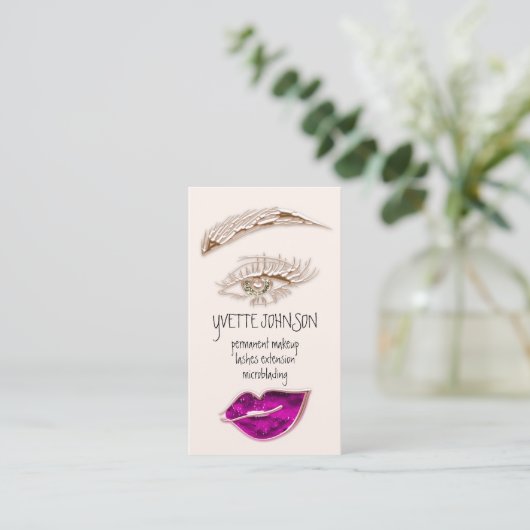 Eyelash Brows Makeup Logo QRCode Pink Lip Gold Visitekaartje (Staand voorkant)
