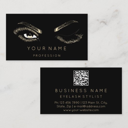 Eyelash Brows Microblade QRCODE Gold Black Visitekaartje (Voorkant / Achterkant)