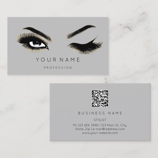 Eyelash Brows Microblading QRCODE Logo Gold Grey Visitekaartje (Voorkant / Achterkant)