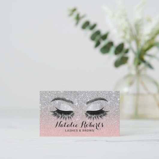 Eyelash Eeybrow Lashes Salon Pink & Silver Glitter Visitekaartje (Staand voorkant)