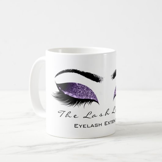 Eyelash ExAttentie Beauty Studio Paarse Glitter Koffiemok (Voorkant links)