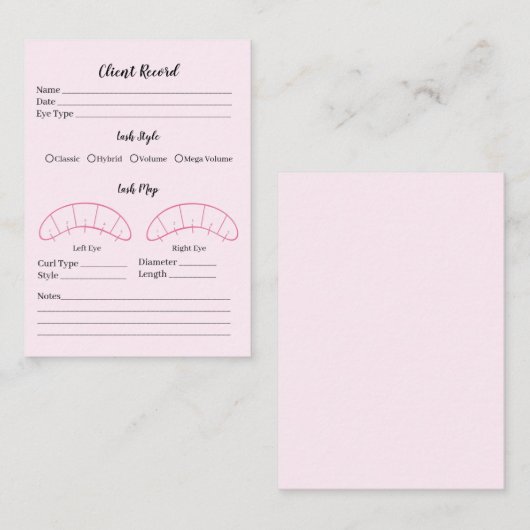 Eyelash-extensie clientrecordformulier, roze visitekaartje (Voorkant / Achterkant)