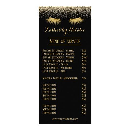 Eyelash Extension Black & Gold Salon Price List Reclamekaart (Voorkant)
