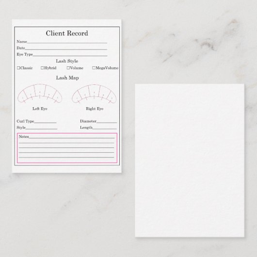 Eyelash Extension Client Record formulier Visitekaartje (Voorkant / Achterkant)
