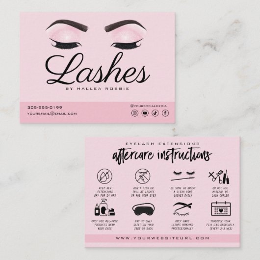 Eyelash Extension Instructies voor nazorg Roze Visitekaartje (Voorkant / Achterkant)