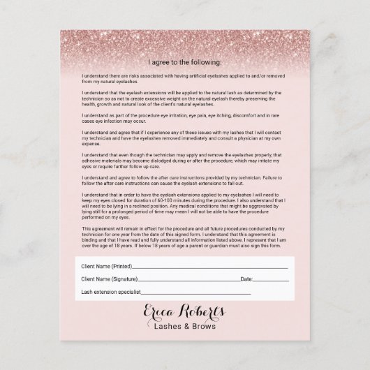 Eyelash Extension Liability Waiver Blush Roos Gold Flyer (Achterkant)