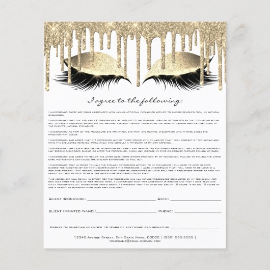 Eyelash Extension Liability Waiver Gold Drip White Flyer (Achterkant)