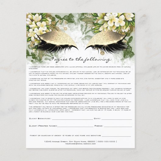 Eyelash Extension Liability Waiver Gold Floral Lux Flyer (Achterkant)