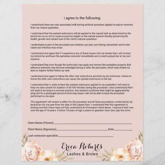 Eyelash Extension Liability Waiver & Release Form Flyer (Achterkant)