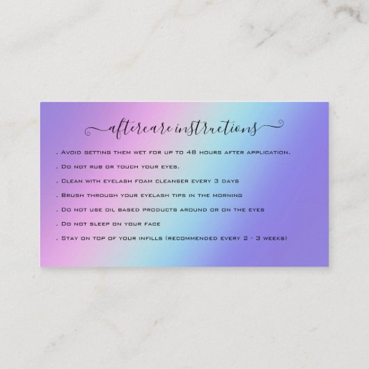 Eyelash Extension Natercare Instruction Glitter Visitekaartje (Achterkant)