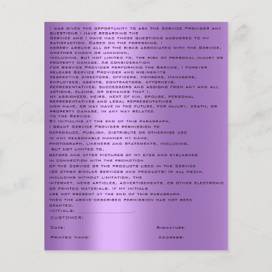 EYELASH EXTENSION RELEASE WAIVER Green Eyes Paars Flyer (Achterkant)