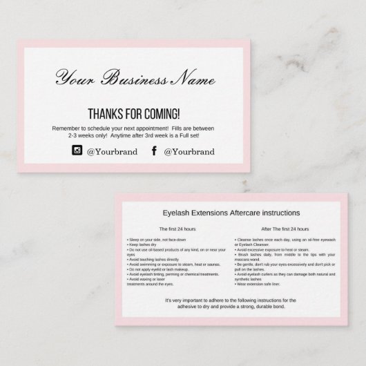Eyelash Extensions Aftercare Care Visitekaartje (Voorkant / Achterkant)