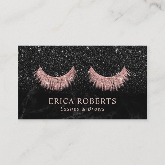 Eyelash Extensions Black Glitter Marble Salon Visitekaartje (Voorkant)