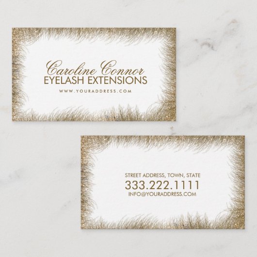 Eyelash Extensions Golden Lashes Border White Card Visitekaartje (Voorkant / Achterkant)