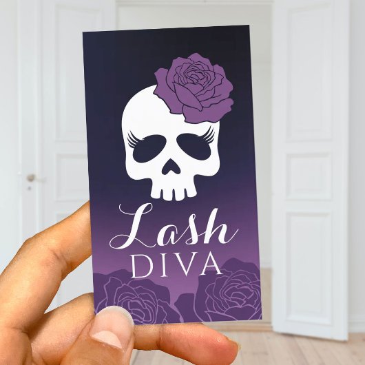 Eyelash Extensions Lash Salon Paarse Floral Skull Visitekaartje