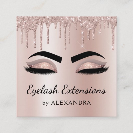 Eyelash Extensions Lashes Glitter Roos Gold Pink Vierkante Visitekaartje (Voorkant)