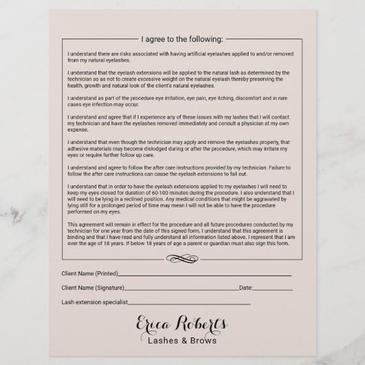 Eyelash Extensions Liability Waiver Beige Salon Flyer (Achterkant)