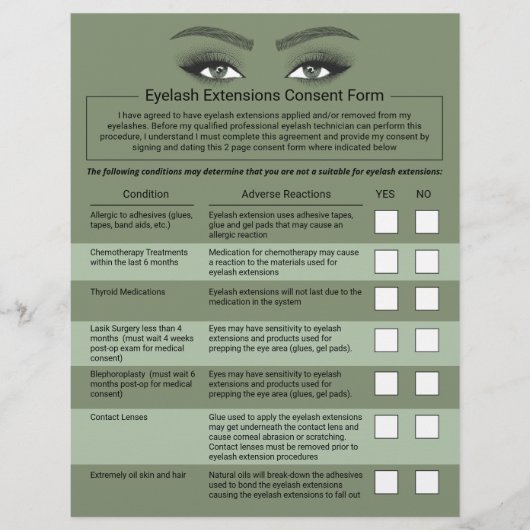 Eyelash Extensions Liability Waiver Green Salon Flyer (Voorkant)