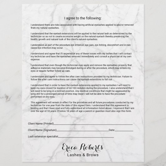 Eyelash Extensions Liability Waiver Moderne Marble Flyer (Achterkant)