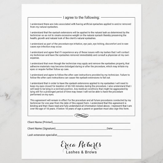 Eyelash Extensions Liability Waiver Release Form 2 Flyer (Achterkant)