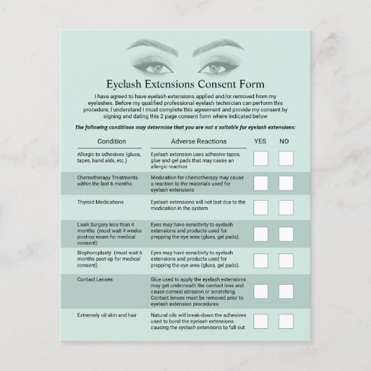 Eyelash Extensions Pastel Mint Liability Waiver Flyer (Voorkant)