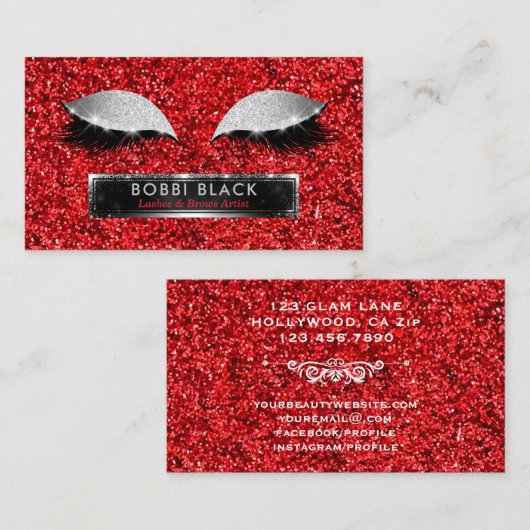 Eyelash Extensions Red Silver Glitter Glam Makeup Visitekaartje (Voorkant / Achterkant)