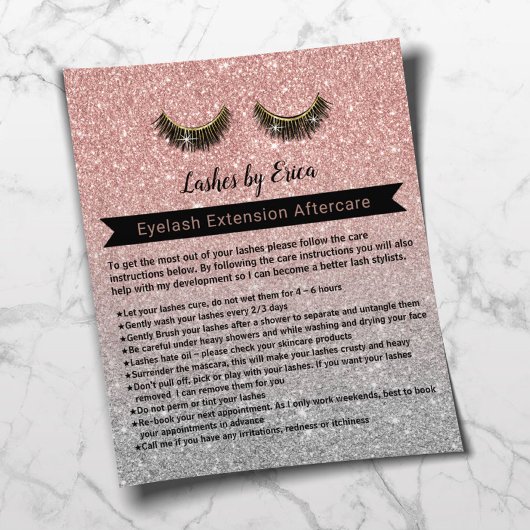Eyelash Extensions Roos Gold Aftercare Instruction Flyer