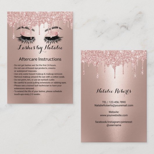 Eyelash Extensions Roos Gold Aftercare Instruction Visitekaartje (Voorkant / Achterkant)