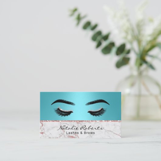 Eyelash Makeup Artist Turquoise Roos Gold Marble Visitekaartje (Staand voorkant)