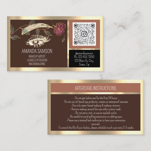 Eyelash Microblade QRCODE Aftercare Brown Roos Visitekaartje (Voorkant / Achterkant)