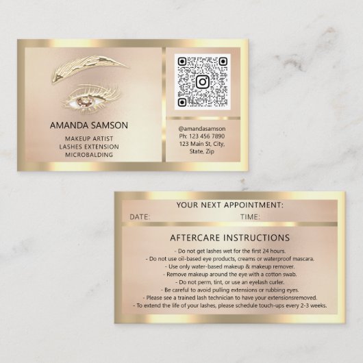 Eyelash-microblade QRCODE Aftercare-Roos omgeven Visitekaartje (Voorkant / Achterkant)