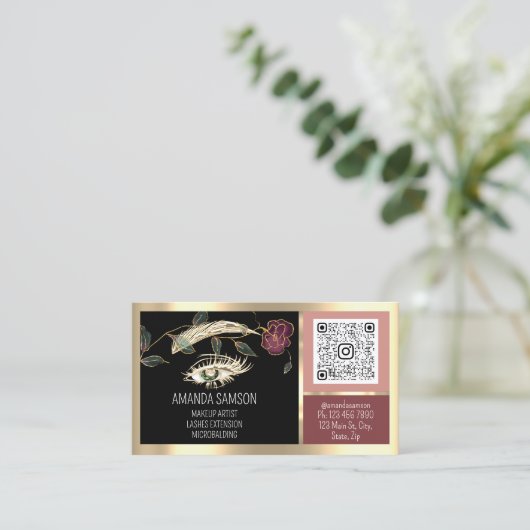 Eyelash-microblade QRCODE Aftercare Roos zwart Visitekaartje (Staand voorkant)